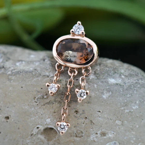Modern Mood Bezel Set Faceted Oval Andalusite with 3 Diamond on Chain Dangles