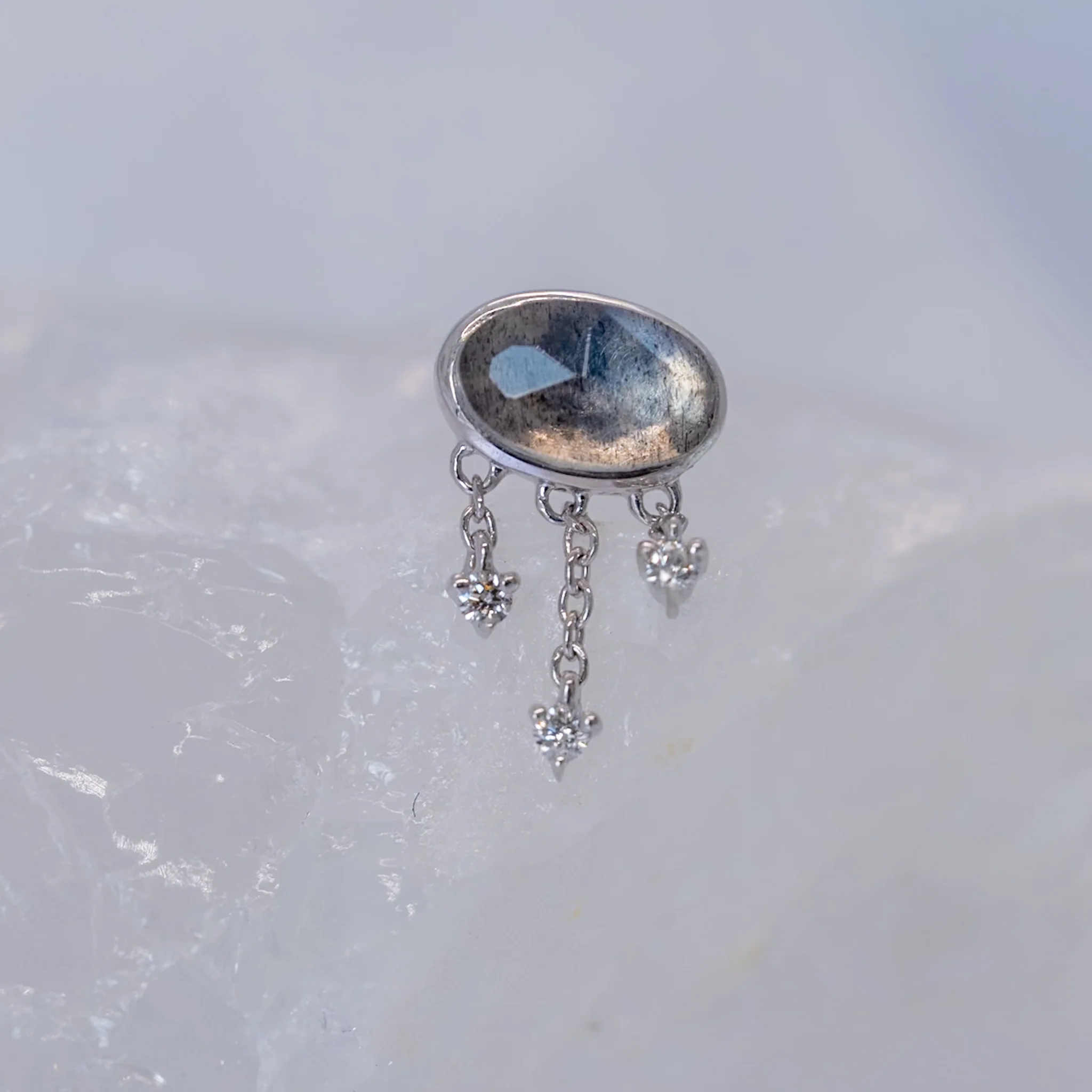 Modern Mood Limited Edition 2025 Rose Cut Oval Labradorite with 3 Diamond and Chain Dangle